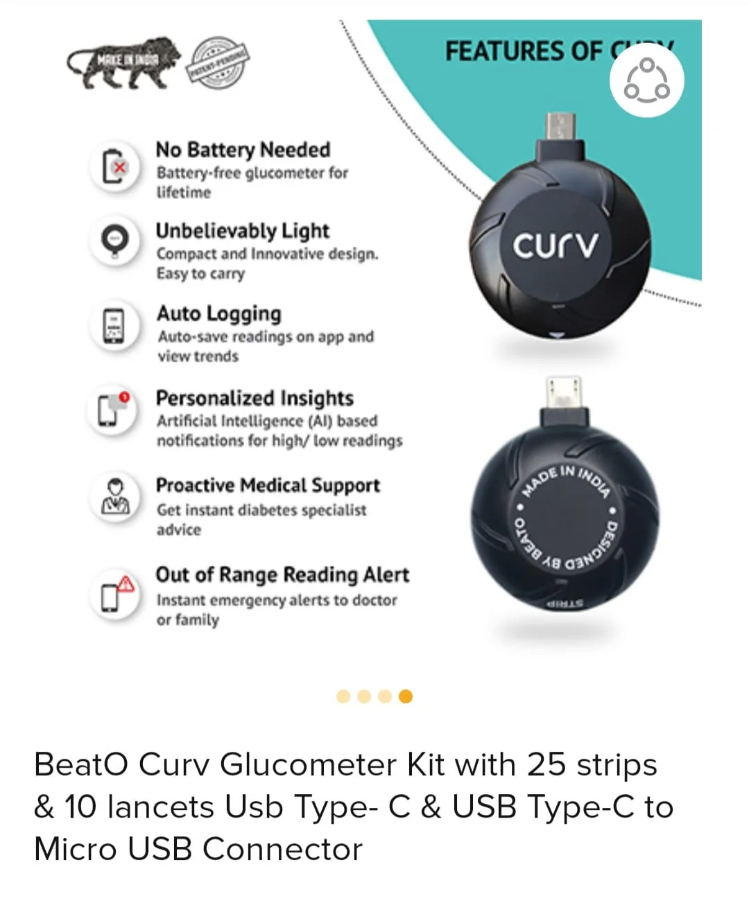 BeatO Curv Smartphone Connected USB Glucometer Kit thumbnail 4