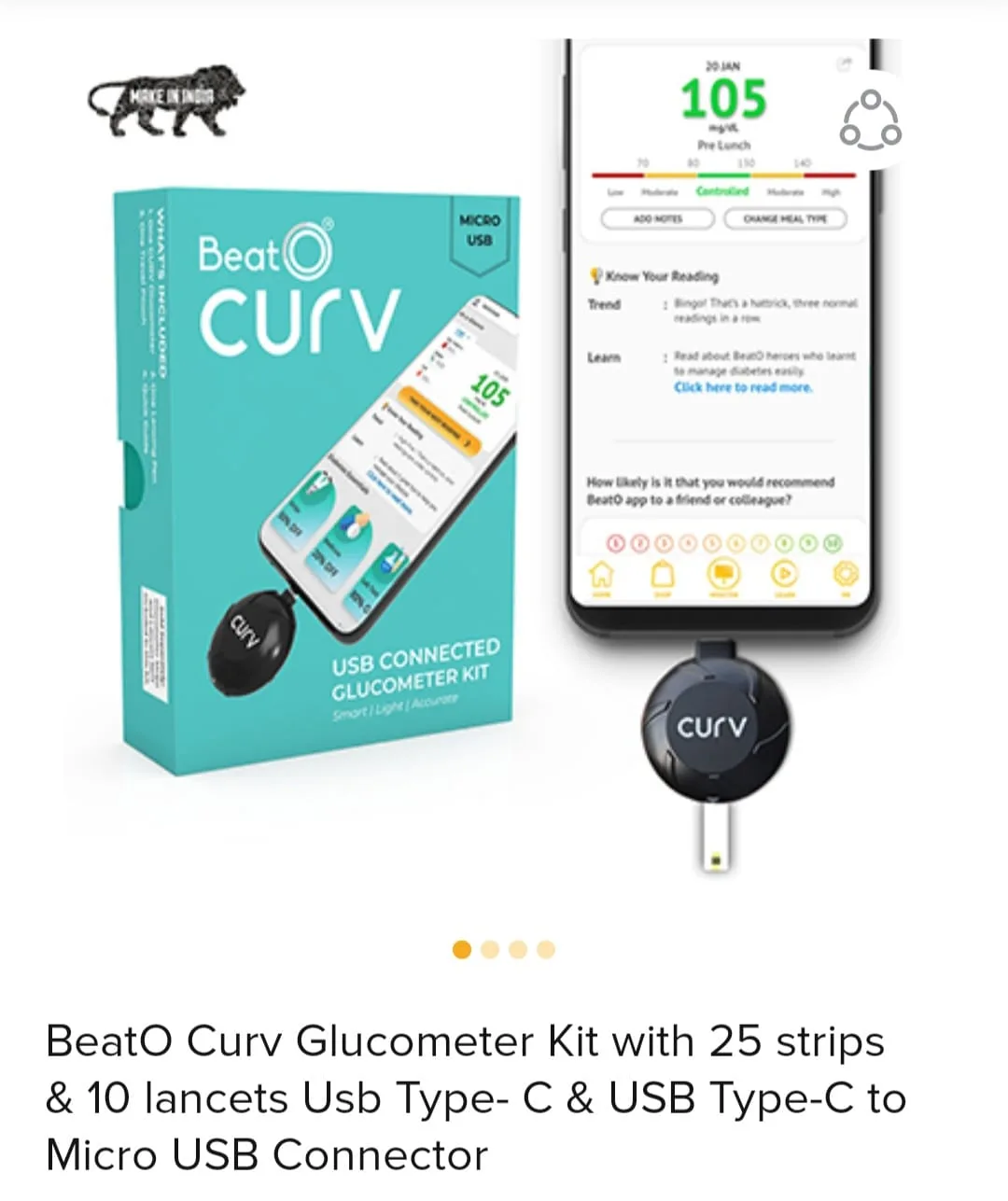BeatO Curv Smartphone Connected USB Glucometer Kit thumbnail 2