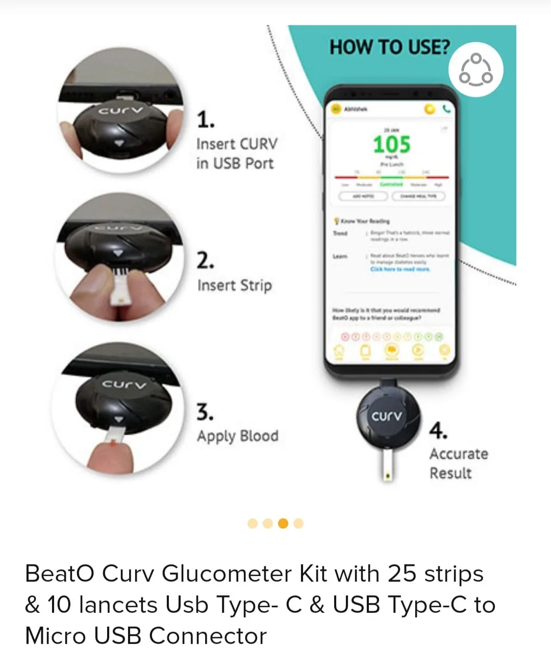 BeatO Curv Smartphone Connected USB Glucometer Kit thumbnail 3